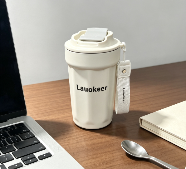 Lauokeer Stainless Steel Insulated Coffee Mug, 12oz Leakproof Reusable Travel Tumbler with Lanyard, Double Wall Vacuum Thermal Water Cup for Office Home Outdoor Daily Drinking