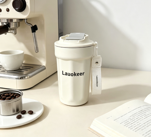 Lauokeer Stainless Steel Insulated Coffee Mug, 12oz Leakproof Reusable Travel Tumbler with Lanyard, Double Wall Vacuum Thermal Water Cup for Office Home Outdoor Daily Drinking